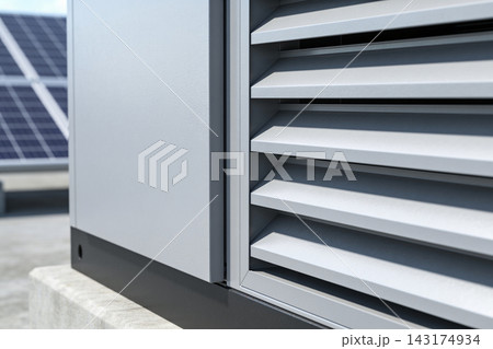 Close up of a modern industrial HVAC unit with metal louvers installed on a flat rooftop surface 143174934