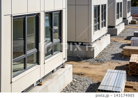 Modern modular building units installed on concrete foundations at a construction site exterior 143174985