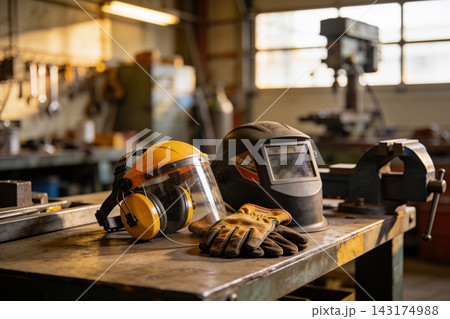 Safety gear including a face shield, welding helmet, and leather gloves on a metal workshop table 143174988