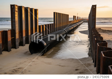 Large black industrial pipeline extending into the ocean from a sandy beach at sunset hour 143175009
