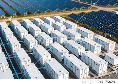 Aerial view of a large industrial battery energy storage system at a solar power plant facility 143175024
