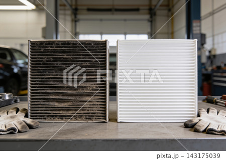Comparison of a dirty used car cabin air filter and a clean new replacement part on a workbench Comparison of a dirty used car cabin air filter and a clean new replacement part on a workbench 143175039