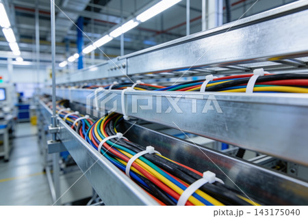 Industrial cable tray system with organized colorful electrical wiring in a modern factory setting Industrial cable tray system with organized colorful electrical wiring in a modern factory setting 143175040