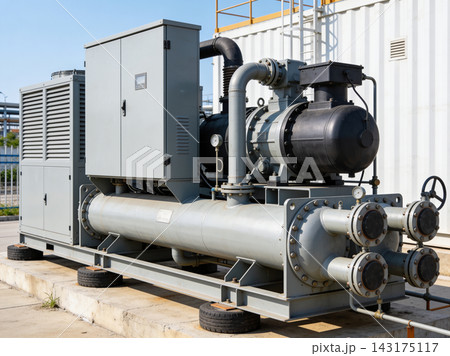 Industrial water chiller unit installed on a concrete base at a manufacturing facility site 143175117