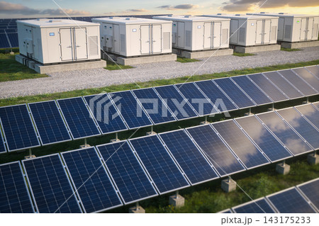 Modern solar power plant with battery energy storage systems at sunset in a rural landscape Modern solar power plant with battery energy storage systems at sunset in a rural landscape 143175233