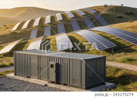 Large battery energy storage system container at a hillside solar farm during golden hour 143175274
