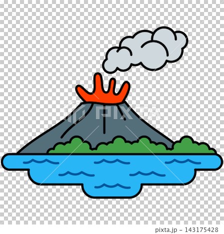 Flat style icon illustration of volcanic island mountain erupting hot lava into ocean sea isolated on transparent background. Graphic design element clip art for island geology assets. Flat style icon illustration of volcanic island mountain erupting hot lava into ocean sea isolated on transparent background. Graphic design element clip art for island geology assets. 143175428