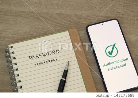 Handwritten Password Note with Pen and Phone Showing Authentication Successful 143175689