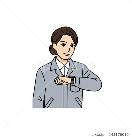 腕時計を見て時間確認やタイムスケジュールを意識するグレー作業着の女性上司イラスト 腕時計を見て時間確認やタイムスケジュールを意識するグレー作業着の女性上司イラスト 143176019