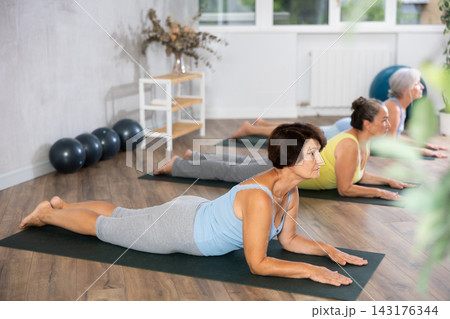 Group of elderly woman doing yoga on mat in studio Group of elderly woman doing yoga on mat in studio 143176344