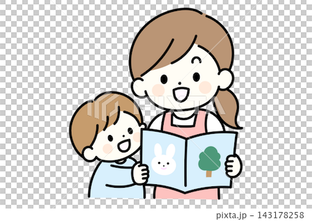 A nursery school teacher and children reading a picture book together with smiles on their faces. A nursery school teacher and children reading a picture book together with smiles on their faces. 143178258