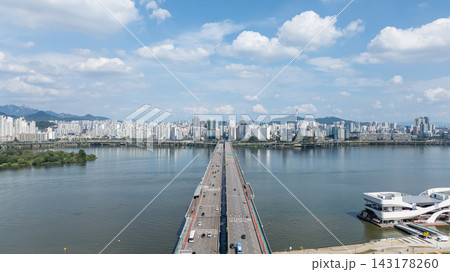 Aerial Hyperlapse of Yeouido Financial Skyline, National Assembly and Hangang River in Seoul Aerial Hyperlapse of Yeouido Financial Skyline, National Assembly and Hangang River in Seoul 143178260