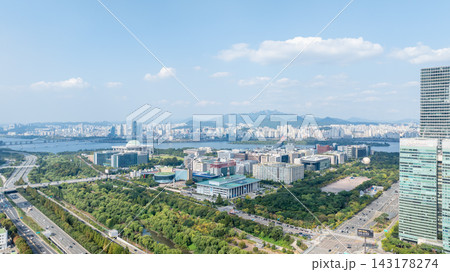 Aerial Hyperlapse of Yeouido Financial Skyline, National Assembly and Hangang River in Seoul Aerial Hyperlapse of Yeouido Financial Skyline, National Assembly and Hangang River in Seoul 143178274