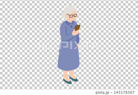 Isometric illustration of a senior woman looking at a smartphone; person, elderly woman, senior, grandmother, glasses Isometric illustration of a senior woman looking at a smartphone; person, elderly woman, senior, grandmother, glasses 143178307