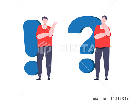 Problem and solution concept. Young man standing next to a question and exclamation mark stock illustration 143178359
