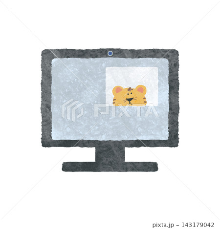 とらさんとモニター越しにテレビ電話している、ゆるかわいいイラスト とらさんとモニター越しにテレビ電話している、ゆるかわいいイラスト 143179042