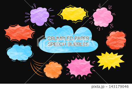 Crumpled paper cutout speech bubble set Halftone dotted wrinkled texture notebook dialog balloon 143179046