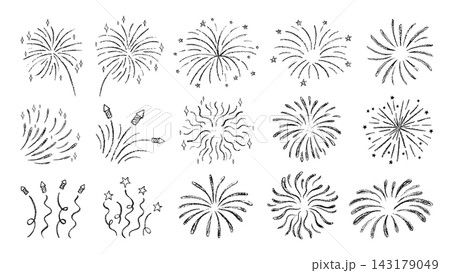 Crayon chalk firework doodle collection kids sketch sparkle sunburst confetti firecracker explosion 143179049