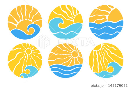 Groovy sun and wave round set retro psychedelic sunburst wavy sea beach rays boho shapes design 143179051