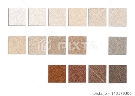 A collection of various leather swatches arranged on a white background A collection of various leather swatches arranged on a white background 143179300