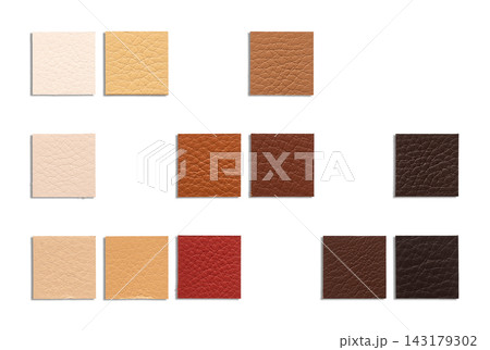 A collection of various leather swatches arranged on a white background 143179302