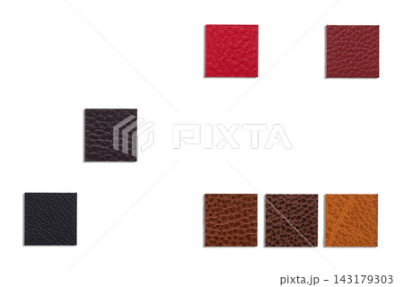 A collection of various leather swatches arranged on a white background 143179303