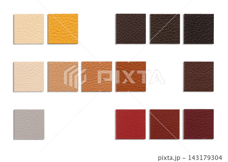 A collection of various leather swatches arranged on a white background A collection of various leather swatches arranged on a white background 143179304