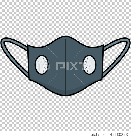 Flat style icon illustration of black sports respirator mask with dual breathing valves isolated on transparent background. Graphic design element clip art for pollution protection assets. Flat style icon illustration of black sports respirator mask with dual breathing valves isolated on transparent background. Graphic design element clip art for pollution protection assets. 143180238