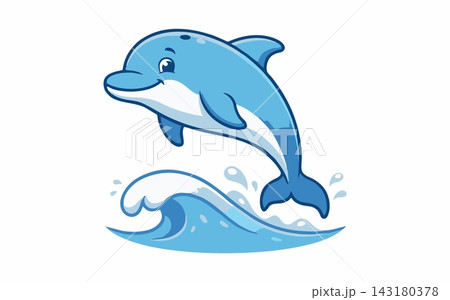 Vector cartoon illustration of a cheerful dolphin jumping over ocean waves. 143180378