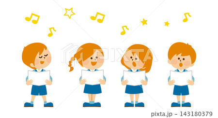 音楽会　楽譜を持ち笑顔で歌う子供たち　かわいいイラスト素材 143180379