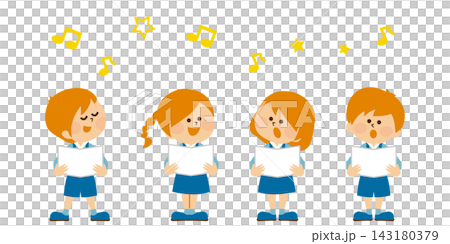 音楽会　楽譜を持ち笑顔で歌う子供たち　かわいいイラスト素材 143180379