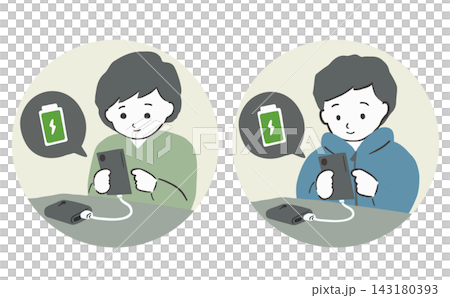 圖中描繪了一男一女正在用行動電源為智慧型手機充電。 圖中描繪了一男一女正在用行動電源為智慧型手機充電。 143180393