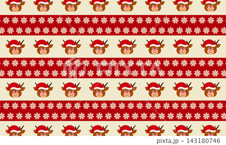 Cartoon deer and christmas tree in seamless pattern on red and white line background. 143180746