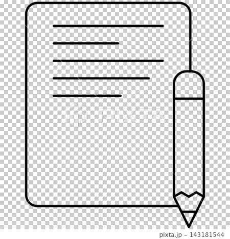 Line art icon illustration of a pencil writing on a document page isolated on transparent background. Graphic design element clip art for note editing assets. 143181544