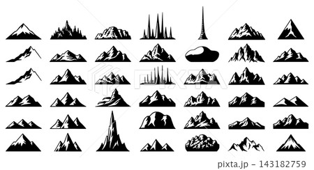 Set of mountain range silhouettes and landscape icons vector illustration 143182759