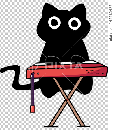 Cartoon Illustration of Black cat Creature Playing Keyboard 143183428