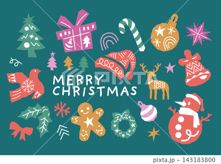 Fun Christmas cut out flat illustration set collage style for greeting winter festival and seasonal celebration Fun Christmas cut out flat illustration set collage style for greeting winter festival and seasonal celebration 143183800