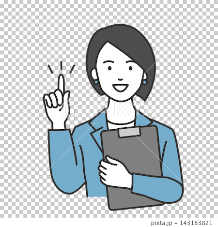 一位女商務人士手持寫字板,微笑著指著前方。 一位女商務人士手持寫字板,微笑著指著前方。 143183821