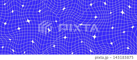 Deep blue Y2k trippy sparkle wireframe background. Distorted grid mesh pattern with stars. Navy groovy twinkle and checkered wallpaper. Vector geometric nostalgic aesthetic checkerboard tile texture 143183875