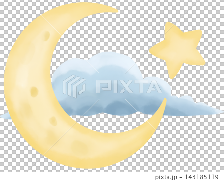 Watercolor illustration of a glowing yellow crescent moon, a golden star, and a soft blue fluffy cloud. Watercolor illustration of a glowing yellow crescent moon, a golden star, and a soft blue fluffy cloud. 143185119