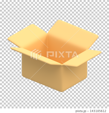 一個風格化的 3D 插圖，描繪了一個打開的紙箱，背景透明。 143185612