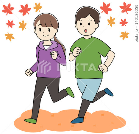 秋にランニングをする若い男女のイラスト 秋にランニングをする若い男女のイラスト 143186359