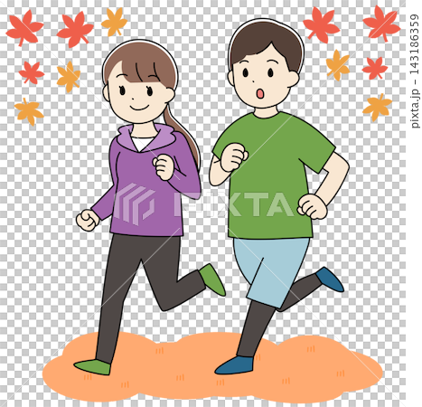 秋にランニングをする若い男女のイラスト 秋にランニングをする若い男女のイラスト 143186359