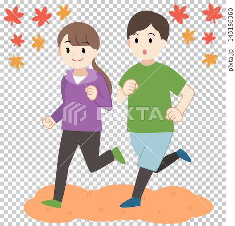 An illustration of a young man and woman running in the fall. An illustration of a young man and woman running in the fall. 143186360