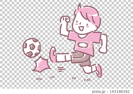 A two-color line drawing illustration of a Japanese boy kicking a soccer ball sideways. A two-color line drawing illustration of a Japanese boy kicking a soccer ball sideways. 143186392