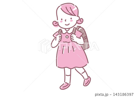 笑顔でランドセルを背負う日本人の女の子の2色線画イラスト 笑顔でランドセルを背負う日本人の女の子の2色線画イラスト 143186397