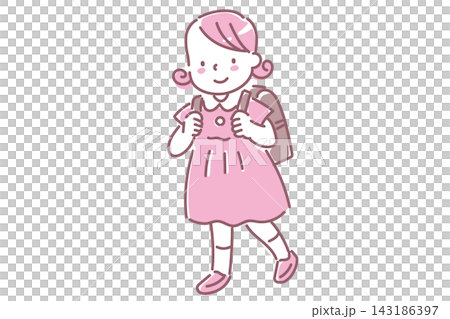 笑顔でランドセルを背負う日本人の女の子の2色線画イラスト 笑顔でランドセルを背負う日本人の女の子の2色線画イラスト 143186397