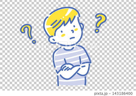 A boy with his arms crossed, deep in thought, and a question mark (line drawing illustration). A boy with his arms crossed, deep in thought, and a question mark (line drawing illustration). 143186400