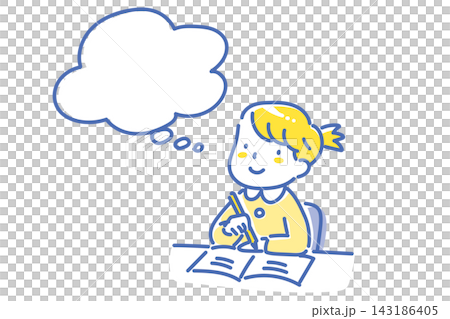 A two-color line drawing illustration of a Japanese girl thinking while studying. A two-color line drawing illustration of a Japanese girl thinking while studying. 143186405