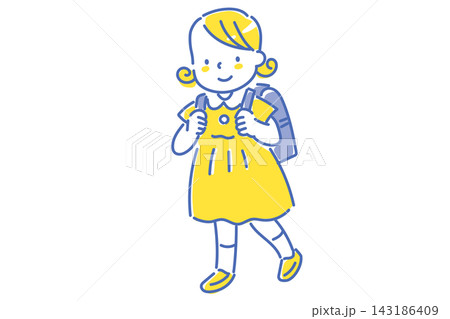 笑顔でランドセルを背負う日本人の女の子の2色線画イラスト 笑顔でランドセルを背負う日本人の女の子の2色線画イラスト 143186409